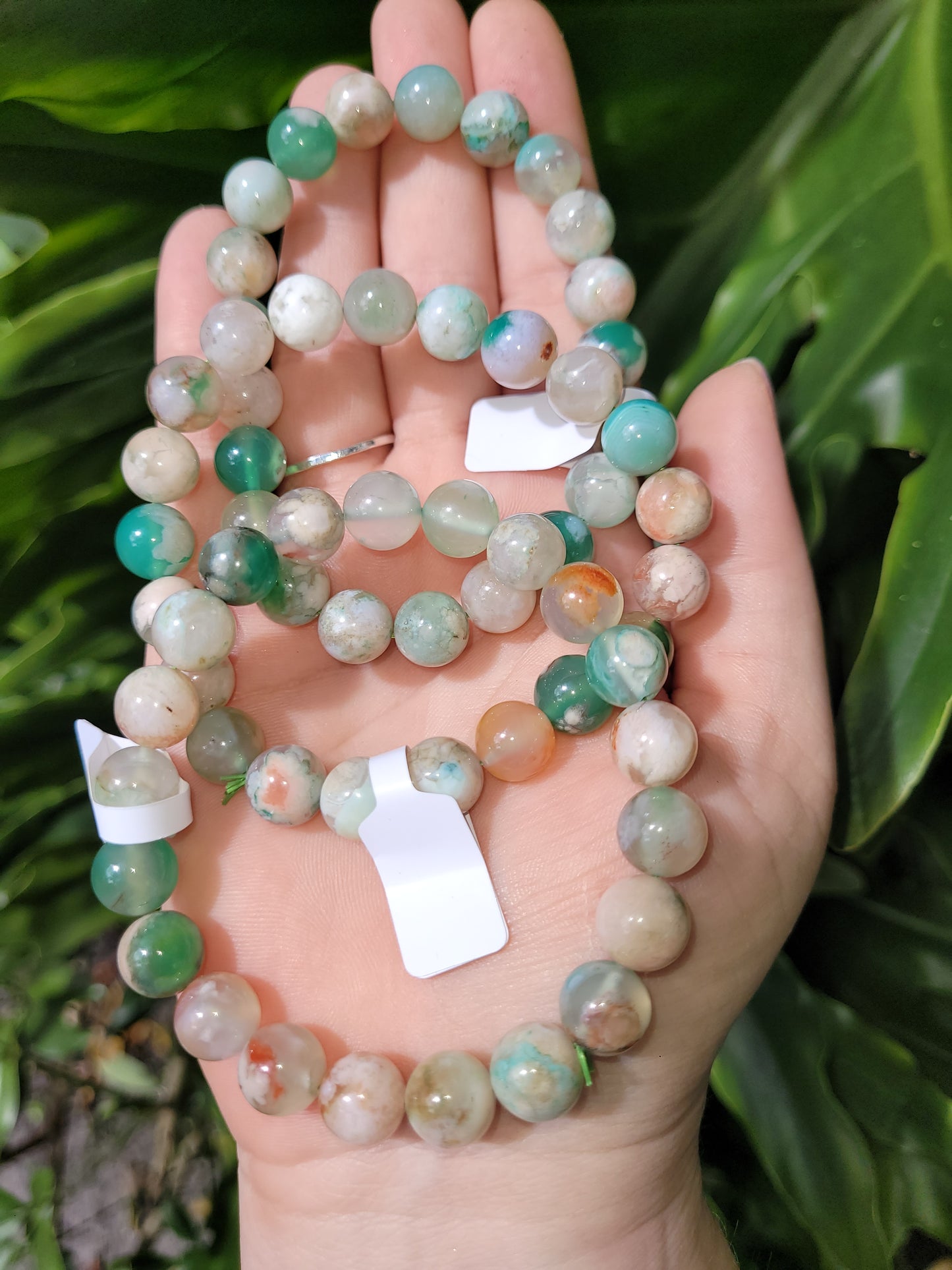 Green Flower Agate Beaded Bracelet (10mm)
