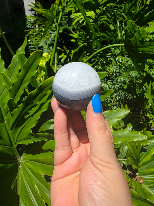 Frosted Orbit – Banded Agate & Quartz Sphere