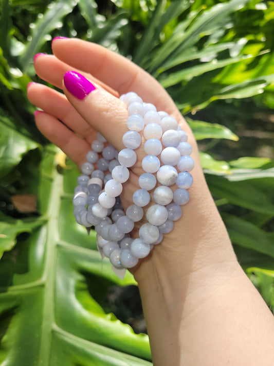 Blue Lace Agate Beaded Bracelet • 8mm