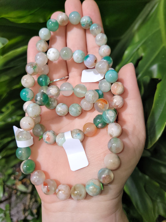 Green Flower Agate Beaded Bracelet (10mm)