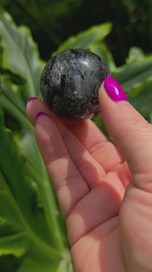 Black Tourmaline Rutilated Quartz Sphere • Option A